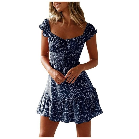 Women Milkmaid Mini Tiered Dress XXL Blue White Ditsy Floral Smocked Cottage - Picture 1 of 11